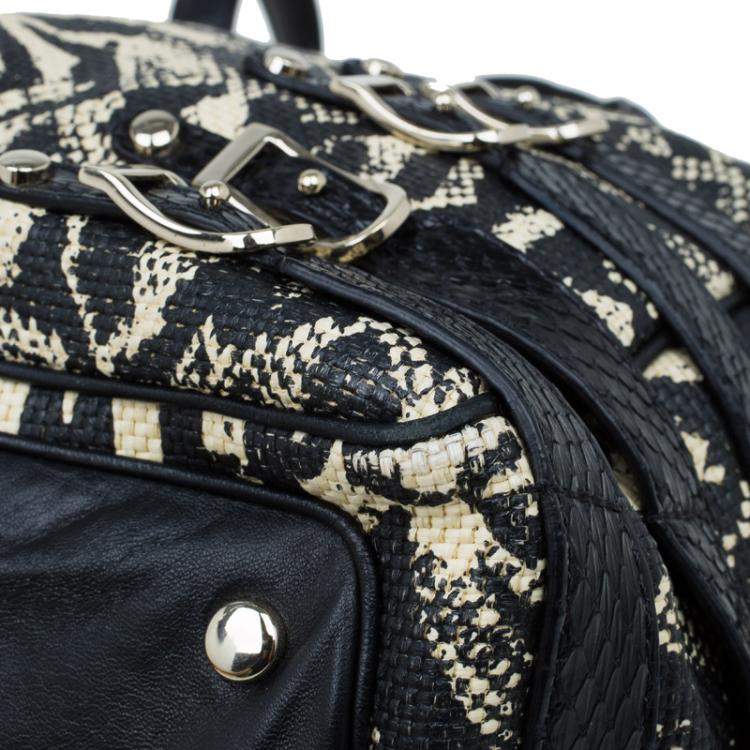 Pre Owned Jimmy Choo Black/Beige Printed Raffia Babeth Shopper Tote
