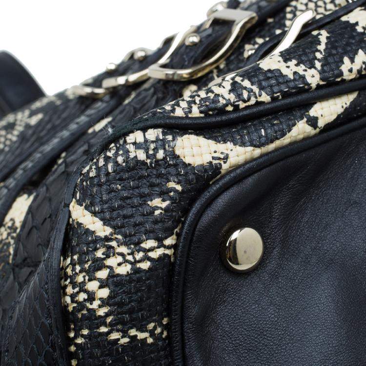 Pre Owned Jimmy Choo Black/Beige Printed Raffia Babeth Shopper Tote