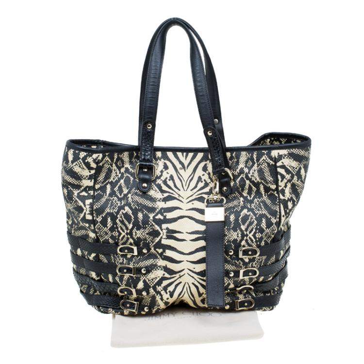 Pre Owned Jimmy Choo Black/Beige Printed Raffia Babeth Shopper Tote