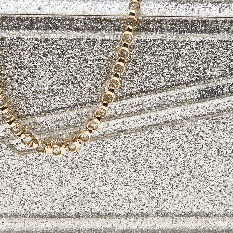 Pre Owned Jimmy Choo Silver Glitter Acrylic Candy Chain Clutch 