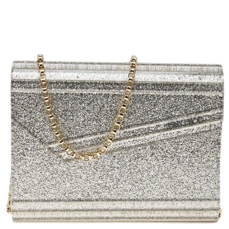 Pre Owned Jimmy Choo Silver Glitter Acrylic Candy Chain Clutch 