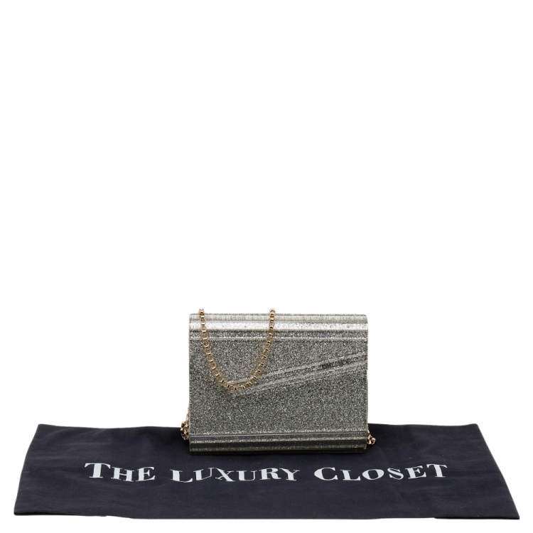 Pre Owned Jimmy Choo Silver Glitter Acrylic Candy Chain Clutch 