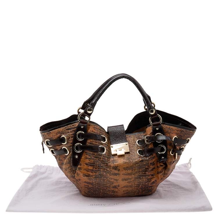 Pre Owned Jimmy Choo Brown Lizard Embossed and Patent Leather Hobo