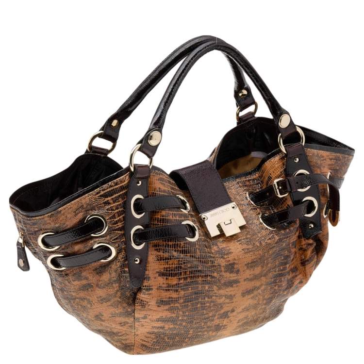 Pre Owned Jimmy Choo Brown Lizard Embossed and Patent Leather Hobo