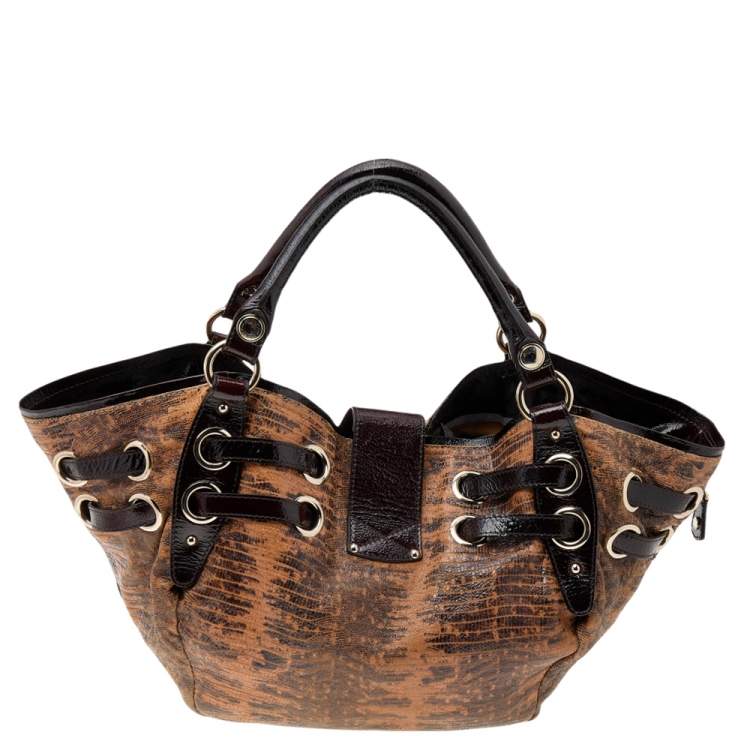 Pre Owned Jimmy Choo Brown Lizard Embossed and Patent Leather Hobo