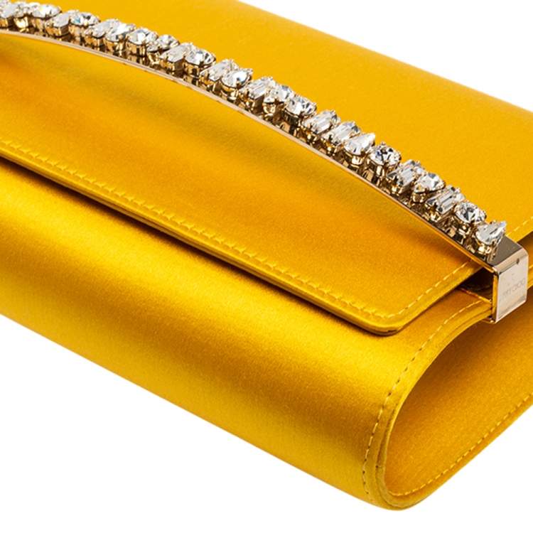 Pre Owned Jimmy Choo Yellow Satin Crystal Embellished Clutch