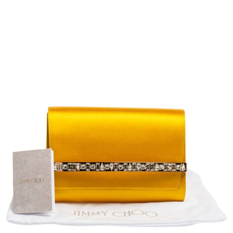 Pre Owned Jimmy Choo Yellow Satin Crystal Embellished Clutch