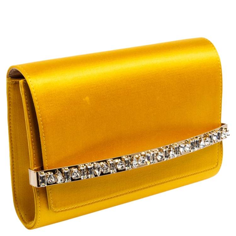 Pre Owned Jimmy Choo Yellow Satin Crystal Embellished Clutch