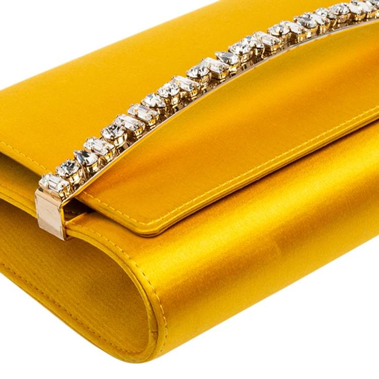 Pre Owned Jimmy Choo Yellow Satin Crystal Embellished Clutch