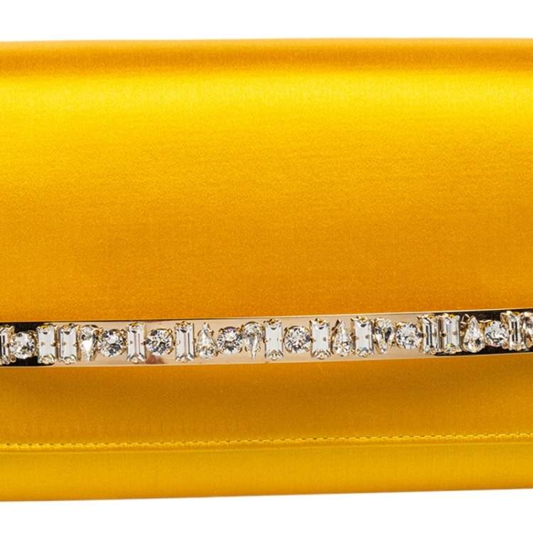 Pre Owned Jimmy Choo Yellow Satin Crystal Embellished Clutch