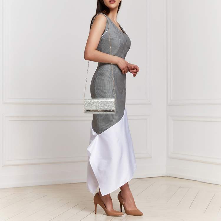 Pre Owned Jimmy Choo Silver Glitter Fabric Milla Chain Clutch