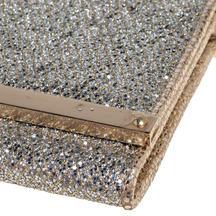 Pre Owned Jimmy Choo Silver Glitter Fabric Milla Chain Clutch