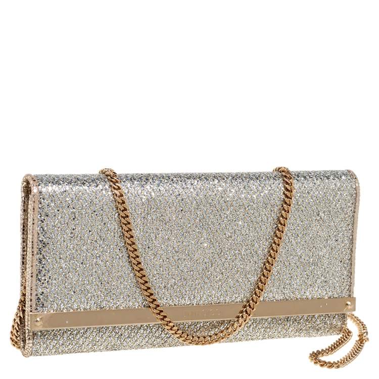 Pre Owned Jimmy Choo Silver Glitter Fabric Milla Chain Clutch