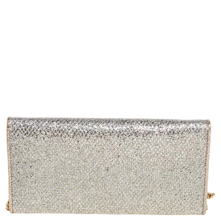 Pre Owned Jimmy Choo Silver Glitter Fabric Milla Chain Clutch