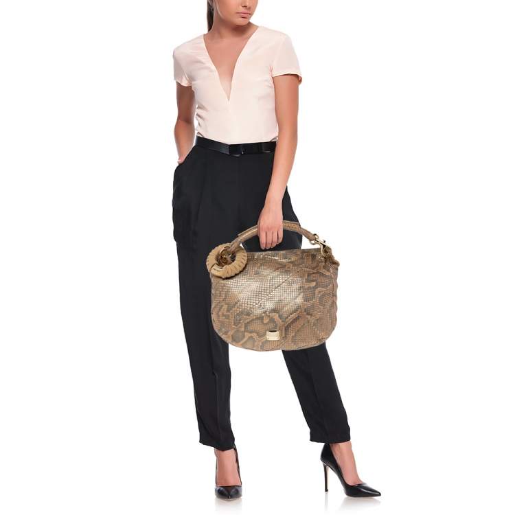 Pre Owned Jimmy Choo Metallic Beige Python Limited Edition 4/4 Saba Hobo