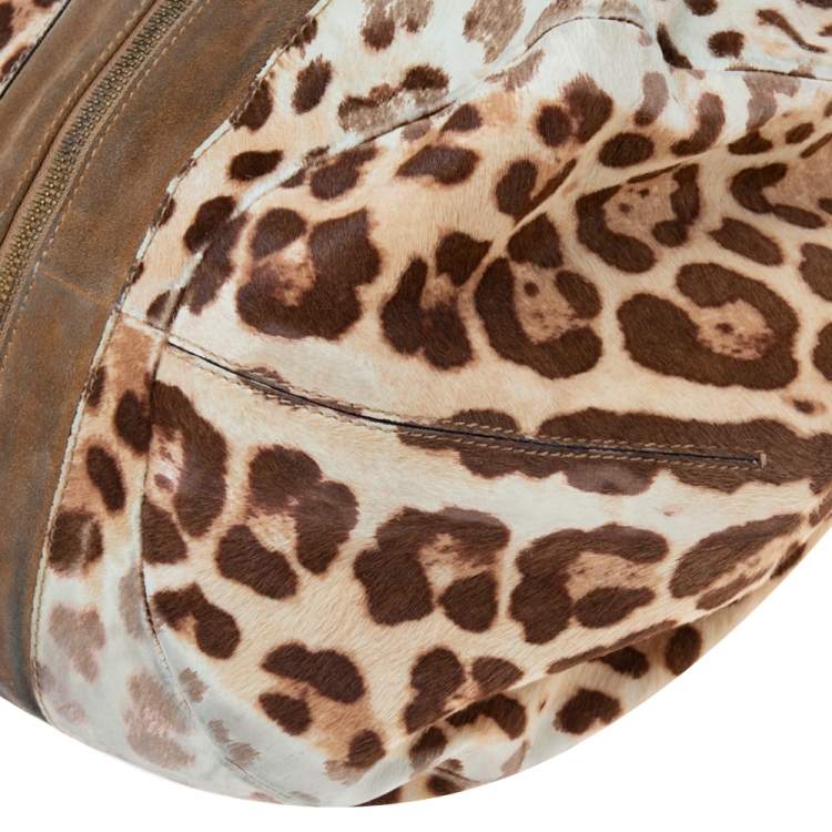 Pre Owned Jimmy Choo Beige/Brown Leopard Print Calf Hair and Suede Mandah Expandable Hobo