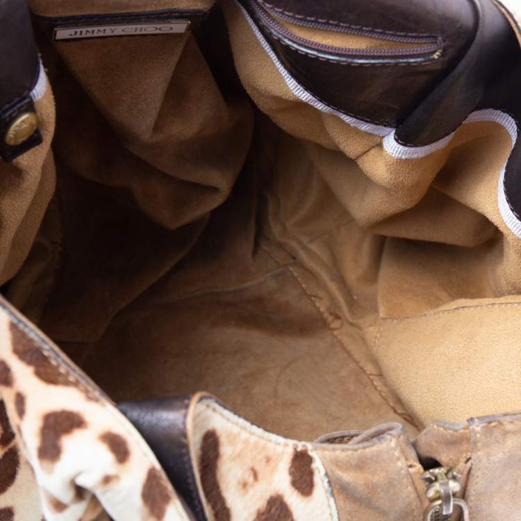 Pre Owned Jimmy Choo Beige/Brown Leopard Print Calf Hair and Suede Mandah Expandable Hobo