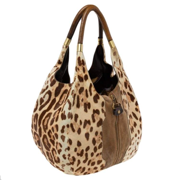 Pre Owned Jimmy Choo Beige/Brown Leopard Print Calf Hair and Suede Mandah Expandable Hobo