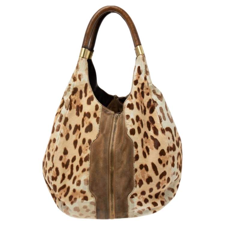 Pre Owned Jimmy Choo Beige/Brown Leopard Print Calf Hair and Suede Mandah Expandable Hobo