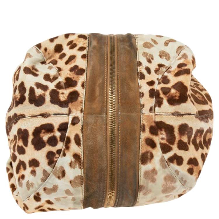 Pre Owned Jimmy Choo Beige/Brown Leopard Print Calf Hair and Suede Mandah Expandable Hobo