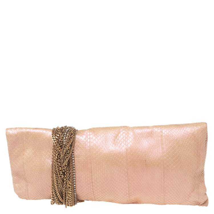 Pre Owned Jimmy Choo Pink Shimmer Snakeskin Chandra Clutch