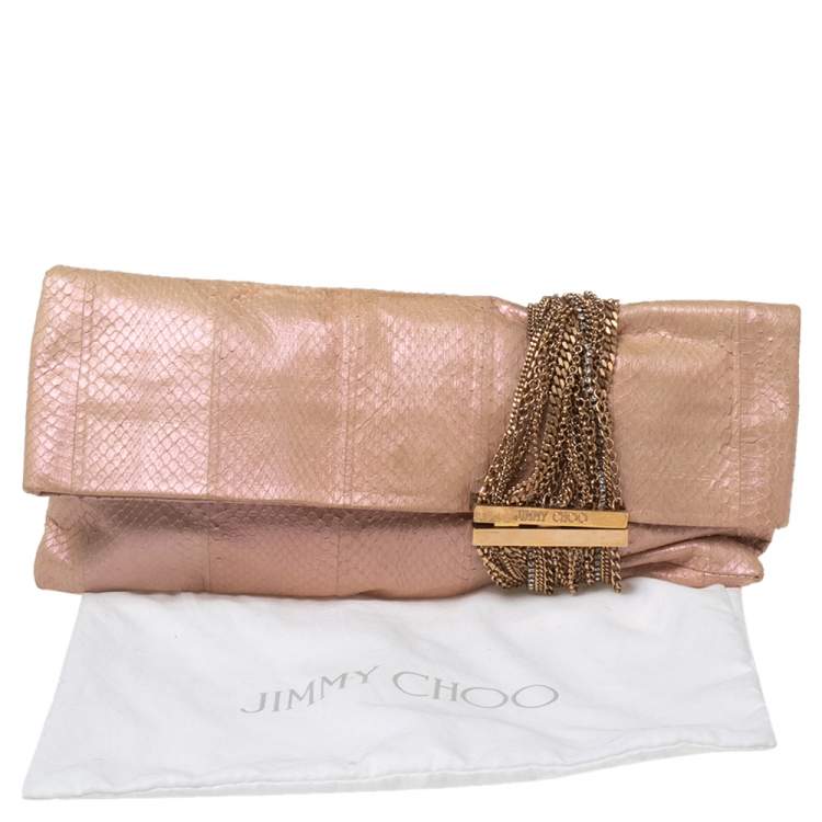 Pre Owned Jimmy Choo Pink Shimmer Snakeskin Chandra Clutch