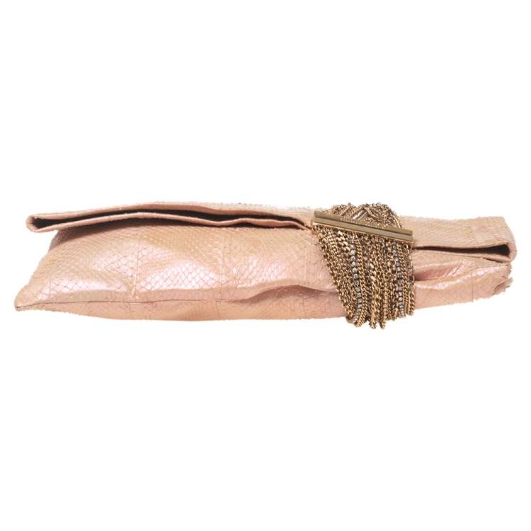 Pre Owned Jimmy Choo Pink Shimmer Snakeskin Chandra Clutch