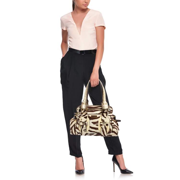 Pre Owned Jimmy Choo Brown/White Zebra Print Calf Hair and Python Malena Satchel