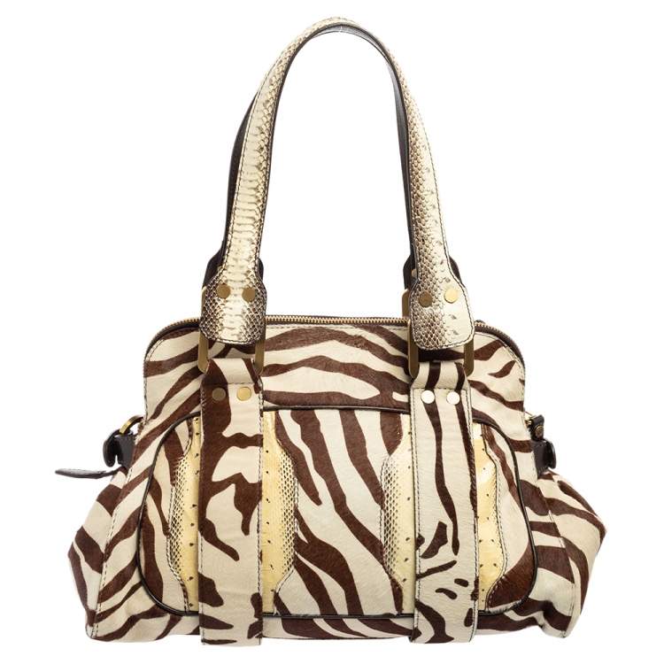 Pre Owned Jimmy Choo Brown/White Zebra Print Calf Hair and Python Malena Satchel