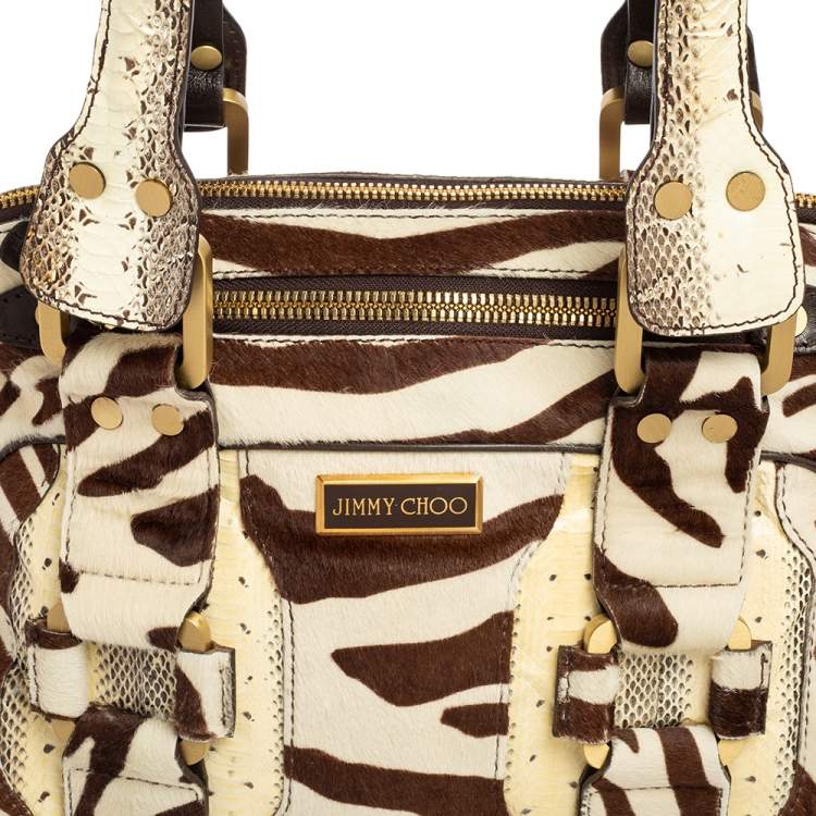 Pre Owned Jimmy Choo Brown/White Zebra Print Calf Hair and Python Malena Satchel