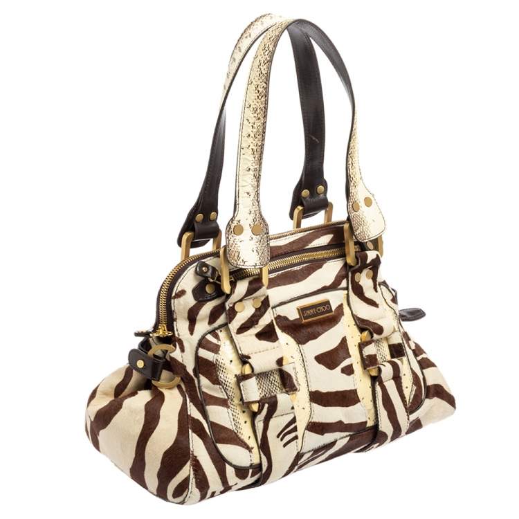 Pre Owned Jimmy Choo Brown/White Zebra Print Calf Hair and Python Malena Satchel