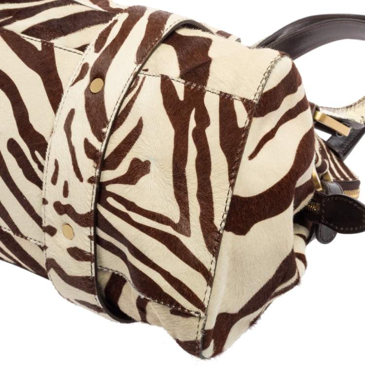 Pre Owned Jimmy Choo Brown/White Zebra Print Calf Hair and Python Malena Satchel