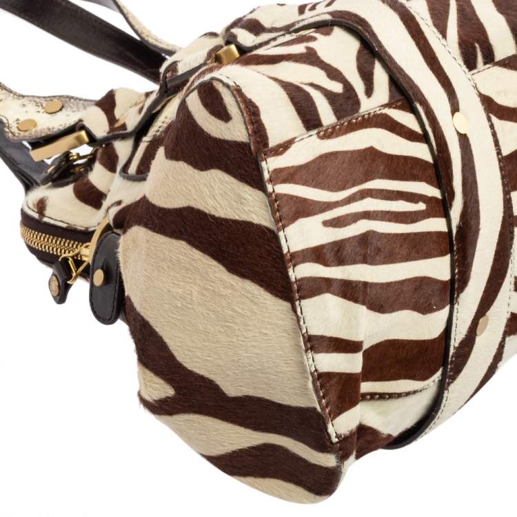Pre Owned Jimmy Choo Brown/White Zebra Print Calf Hair and Python Malena Satchel