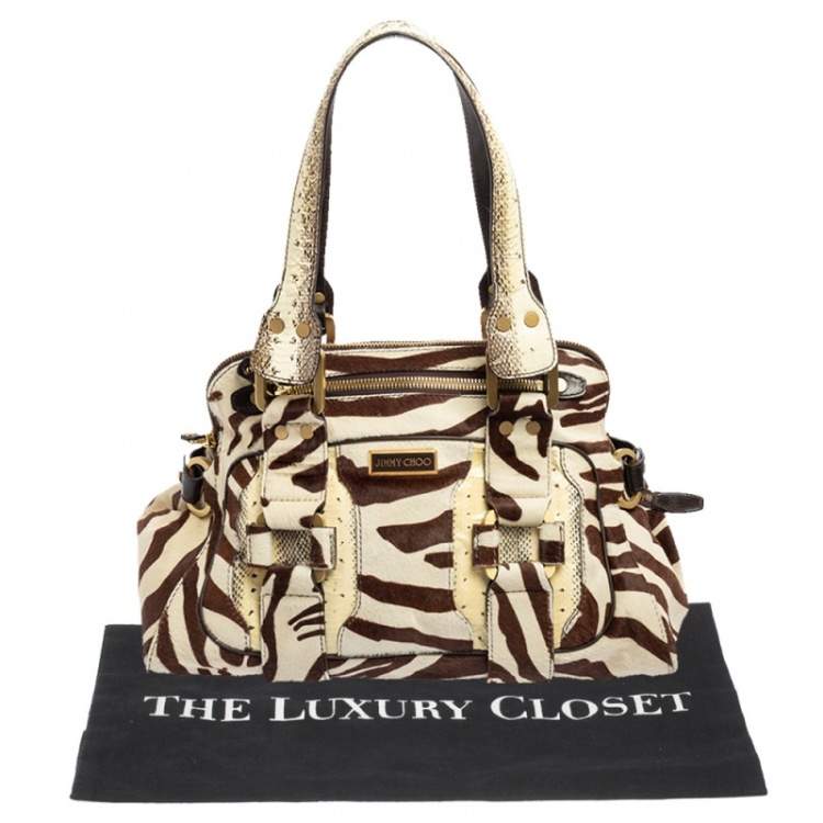 Pre Owned Jimmy Choo Brown/White Zebra Print Calf Hair and Python Malena Satchel