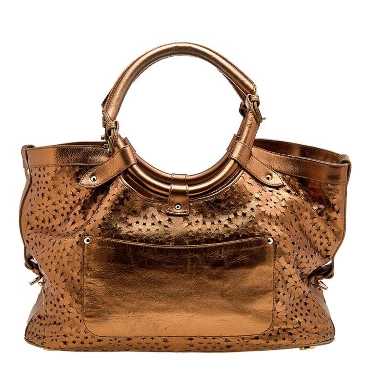 Pre Owned Jimmy Choo Metallic Bronze Leather Star Laser Cut Satchel