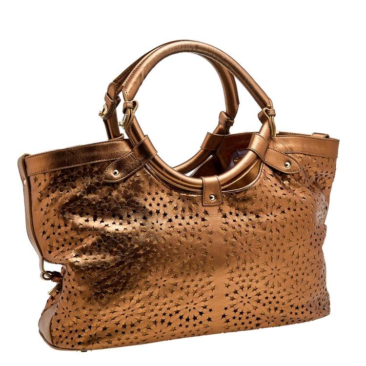 Pre Owned Jimmy Choo Metallic Bronze Leather Star Laser Cut Satchel