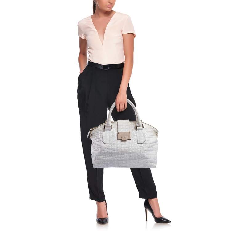 Pre Owned Jimmy Choo White Croc Embossed Leather Romeo Satchel