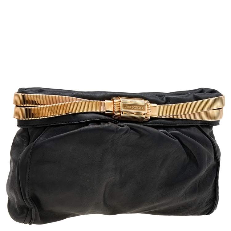 Pre Owned Jimmy Choo Black Leather Oversized Chain Zip Clutch