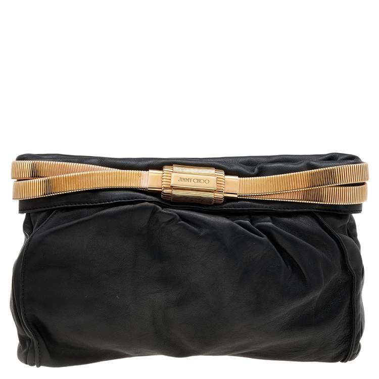 Pre Owned Jimmy Choo Black Leather Oversized Chain Zip Clutch