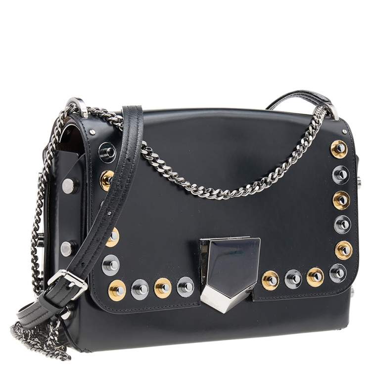 Pre Owned Jimmy Choo Black Leather Studded Flap Lockett Shoulder Bag