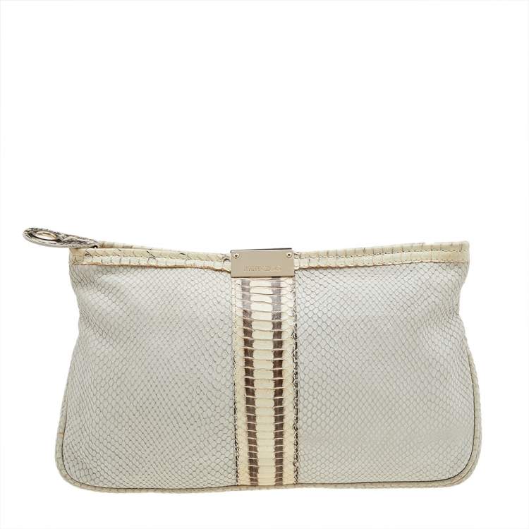 Pre Owned Jimmy Choo Cream Snakeskin and Python Embossed Leather Clutch