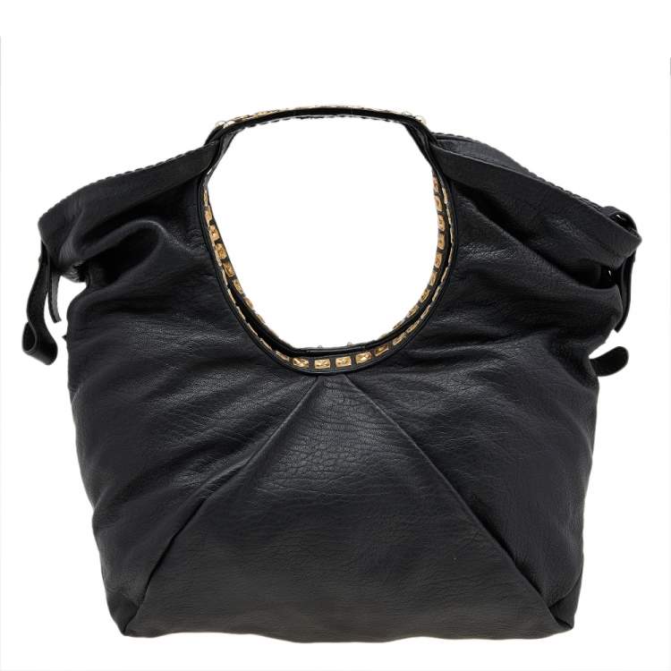 Pre Owned Jimmy Choo Black Leather Embellished Hobo