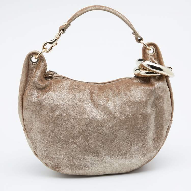 Pre Owned Jimmy Choo Dark Beige Shimmering Suede Small Solar Hobo