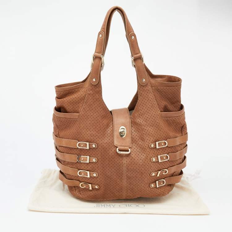 Pre Owned Jimmy Choo Brown Perforated Leather Bardia Shoulder Bag