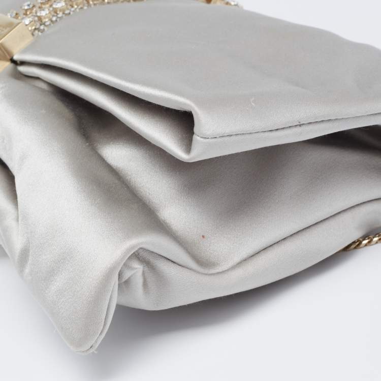 Pre Owned Jimmy Choo Silver Satin Crystal Embellished Chain Clutch