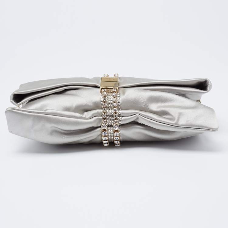 Pre Owned Jimmy Choo Silver Satin Crystal Embellished Chain Clutch