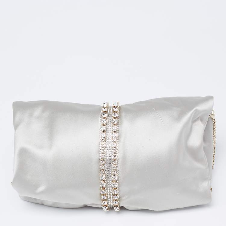 Pre Owned Jimmy Choo Silver Satin Crystal Embellished Chain Clutch