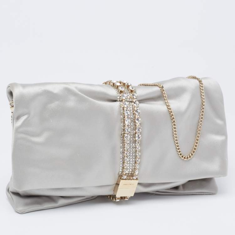 Pre Owned Jimmy Choo Silver Satin Crystal Embellished Chain Clutch