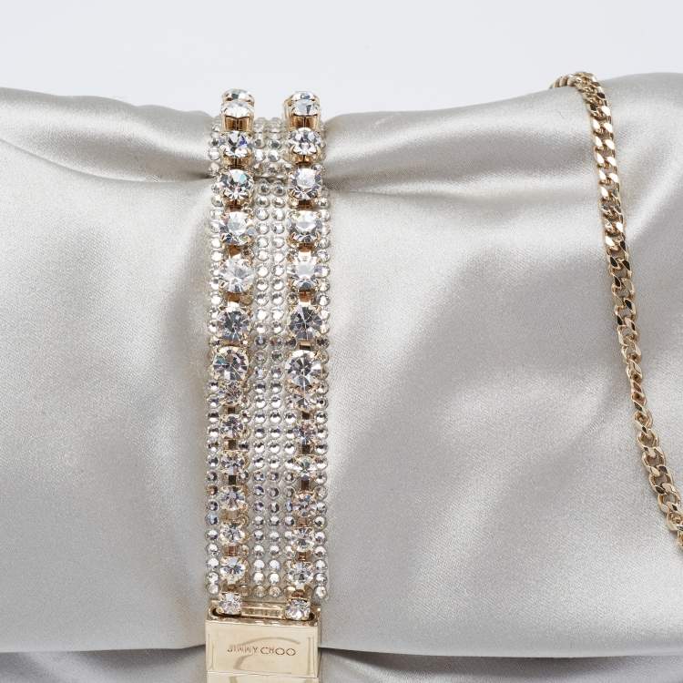 Pre Owned Jimmy Choo Silver Satin Crystal Embellished Chain Clutch