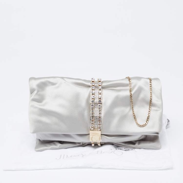 Pre Owned Jimmy Choo Silver Satin Crystal Embellished Chain Clutch